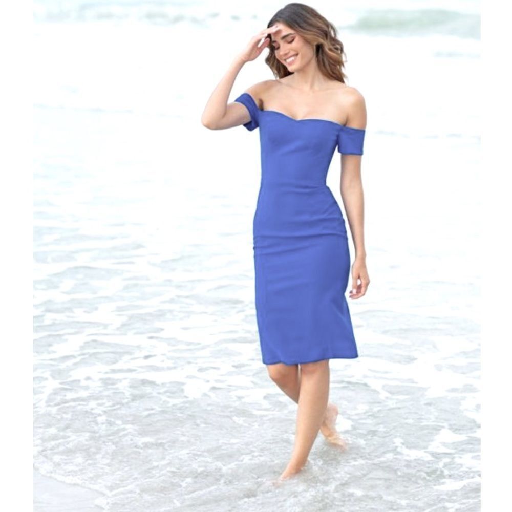 NWT Dress The Population Bailey Off-Shoulder MIDI Dress Blue Jay Large